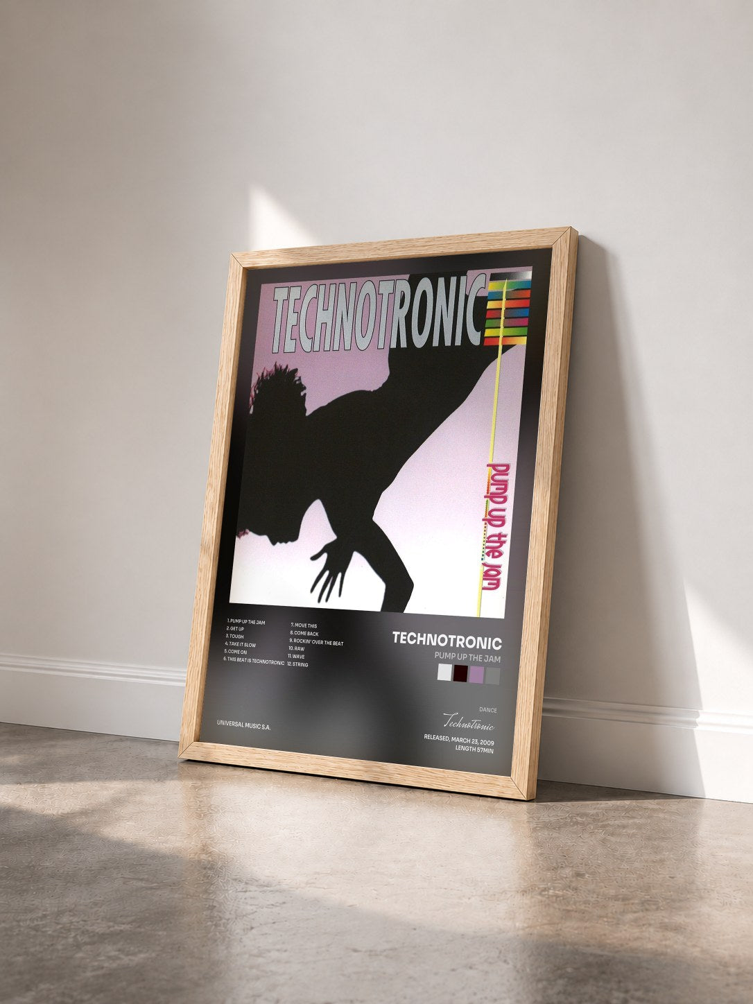 #bois Tableau de l'album Pump Up The Jam de Technotronic vu de trois quarts, cadre en bois brut
