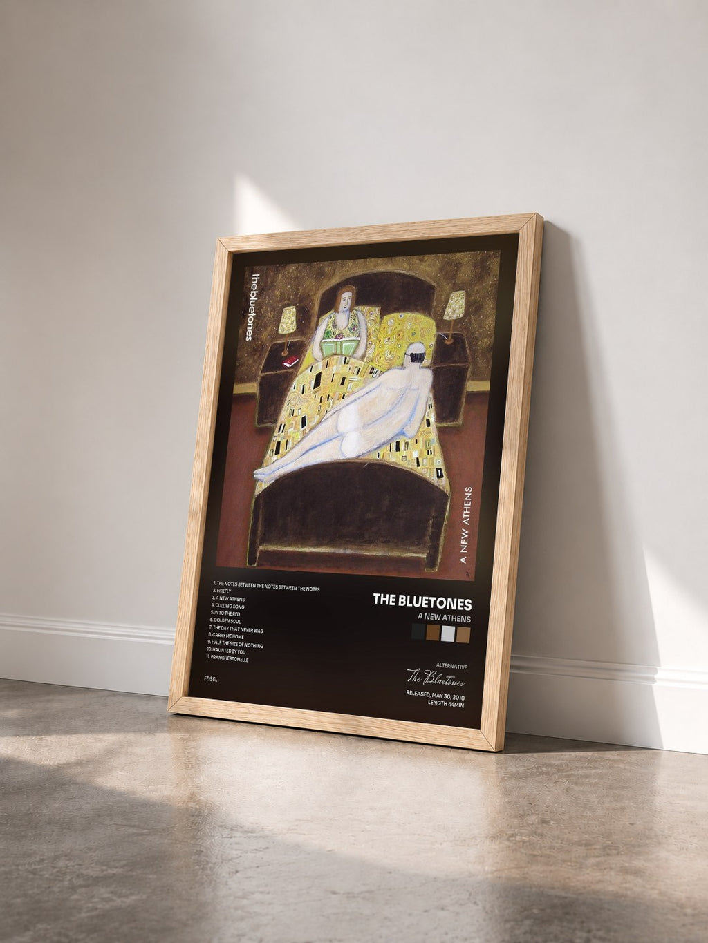 #bois Tableau de l'album A New Athens de The Bluetones vu de trois quarts, cadre en bois brut