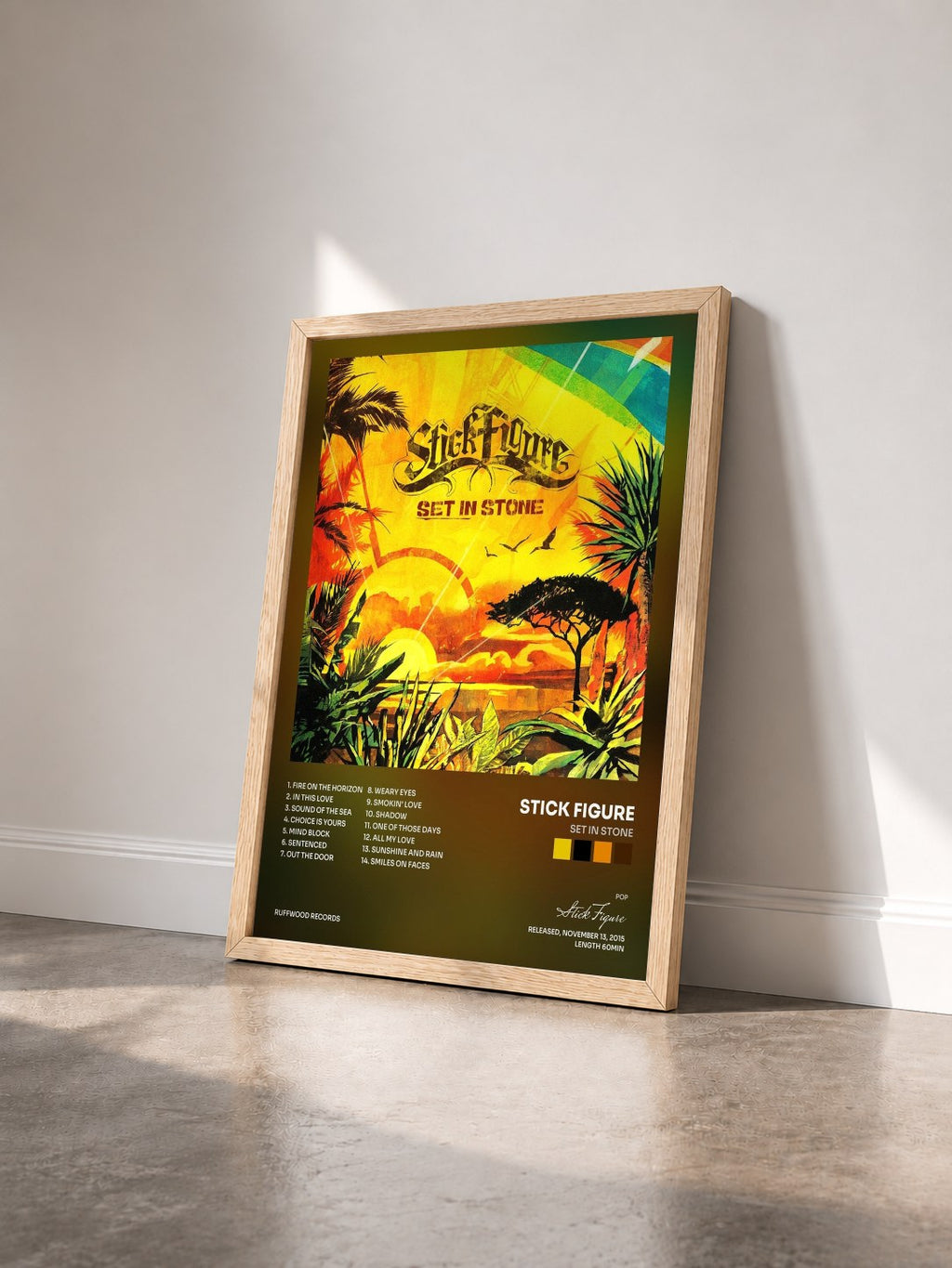 #bois Tableau de l'album Set in Stone de Stick Figure vu de trois quarts, cadre en bois brut