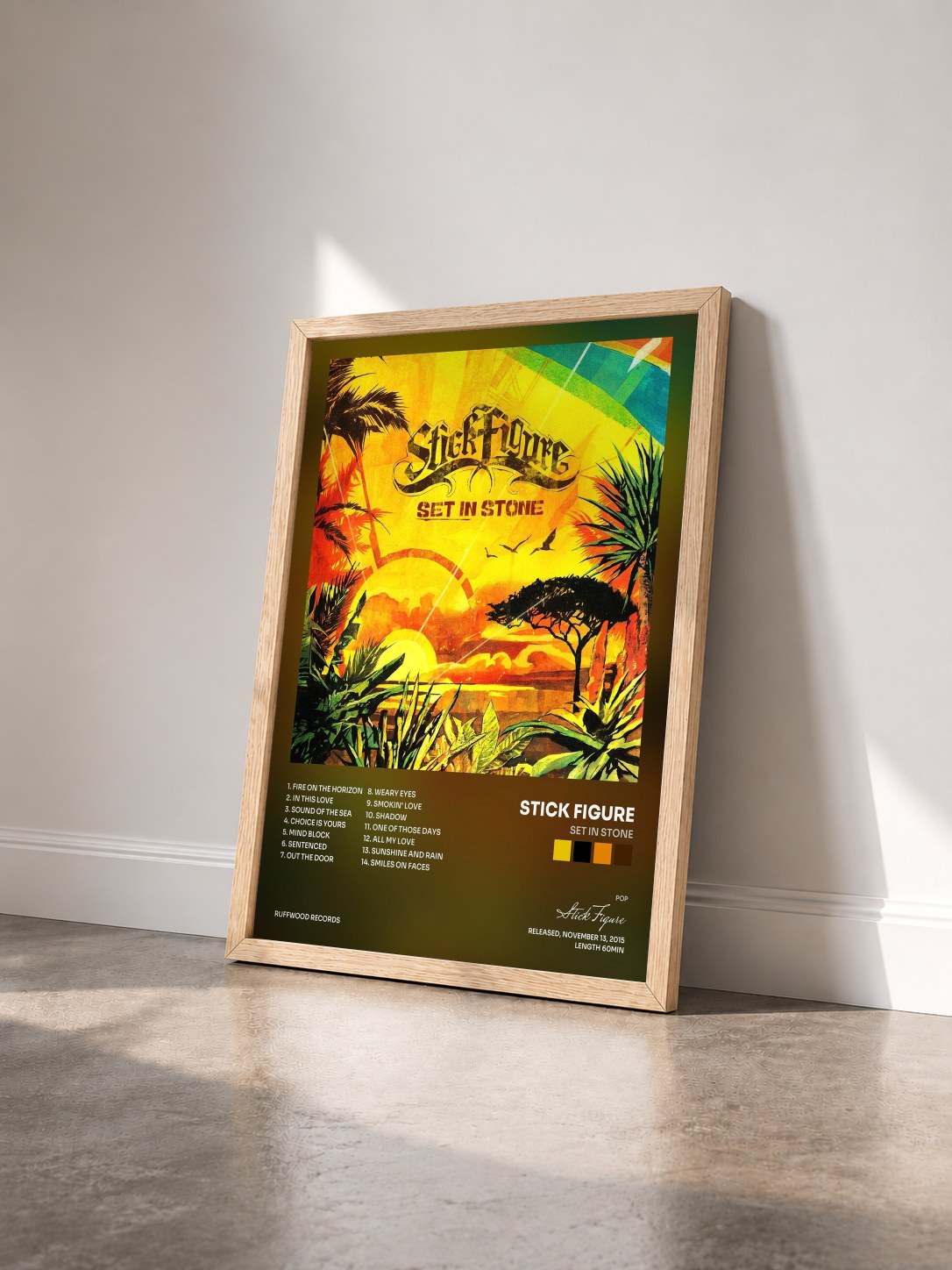 #bois Tableau de l'album Set in Stone de Stick Figure vu de trois quarts, cadre en bois brut