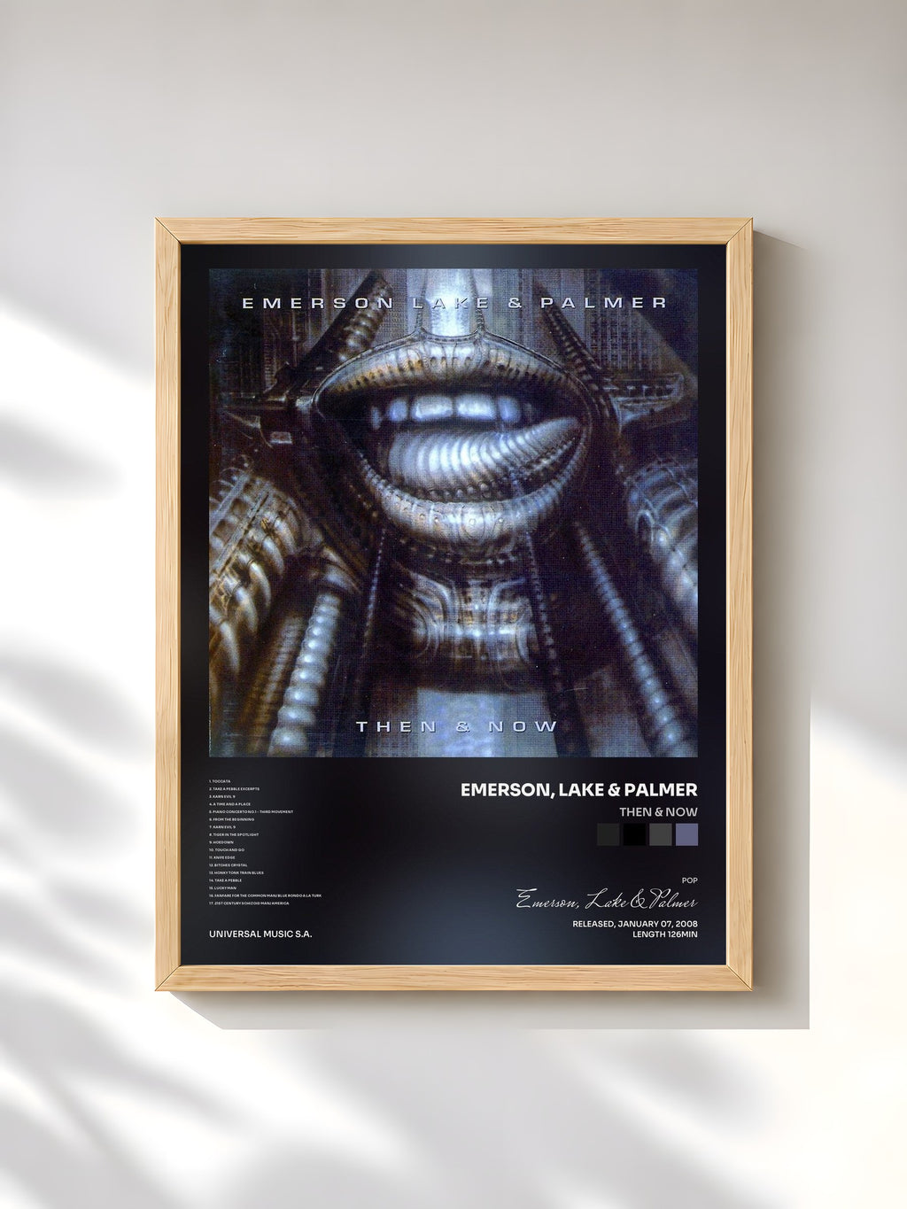 #bois Tableau de l'album Then & Now de Emerson, Lake & Palmer, cadre en bois brut, imprimé et encadré en France