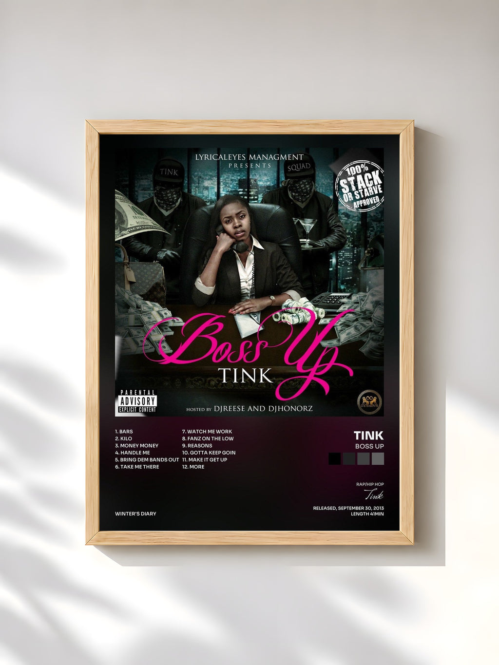 #bois Tableau de l'album Boss Up de Tink, cadre en bois brut, imprimé et encadré en France