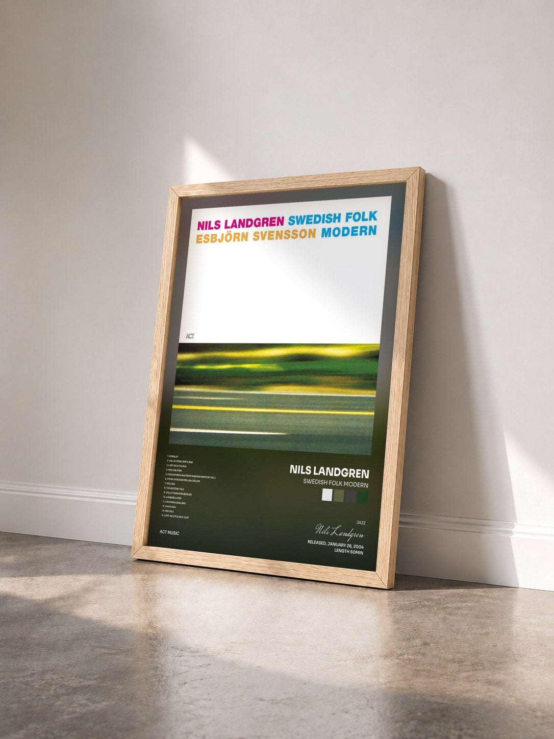 #bois Tableau de l'album Swedish Folk Modern de Nils Landgren vu de trois quarts, cadre en bois brut