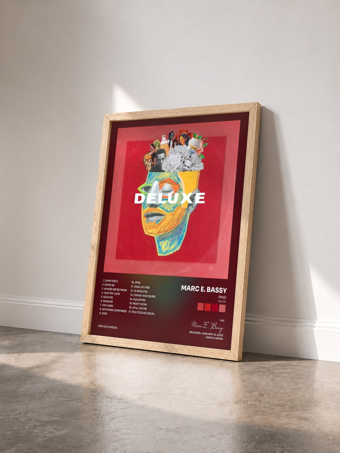 #bois Tableau de l'album PMD (Deluxe) de Marc E. Bassy vu de trois quarts, cadre en bois brut