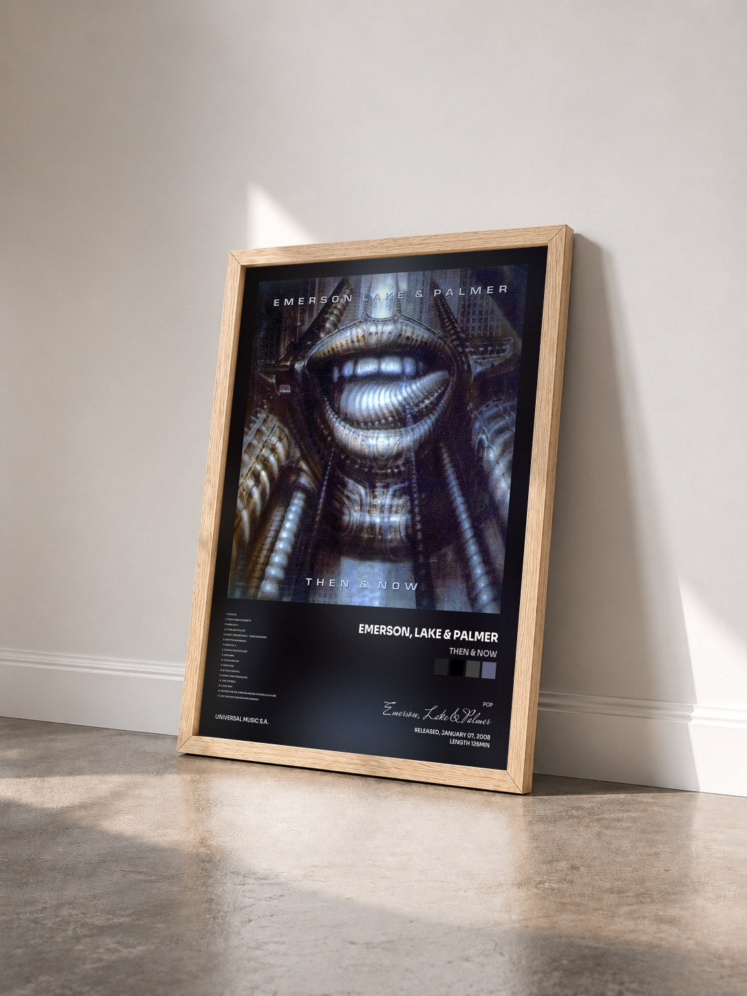 #bois Tableau de l'album Then & Now de Emerson, Lake & Palmer vu de trois quarts, cadre en bois brut