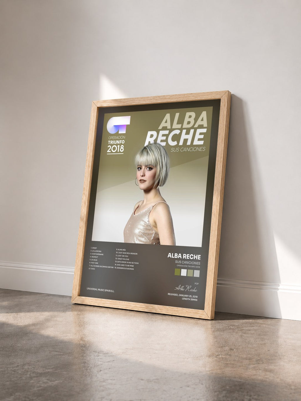 #bois Tableau de l'album Sus Canciones (Operación Triunfo 2018) de Alba Reche vu de trois quarts, cadre en bois brut
