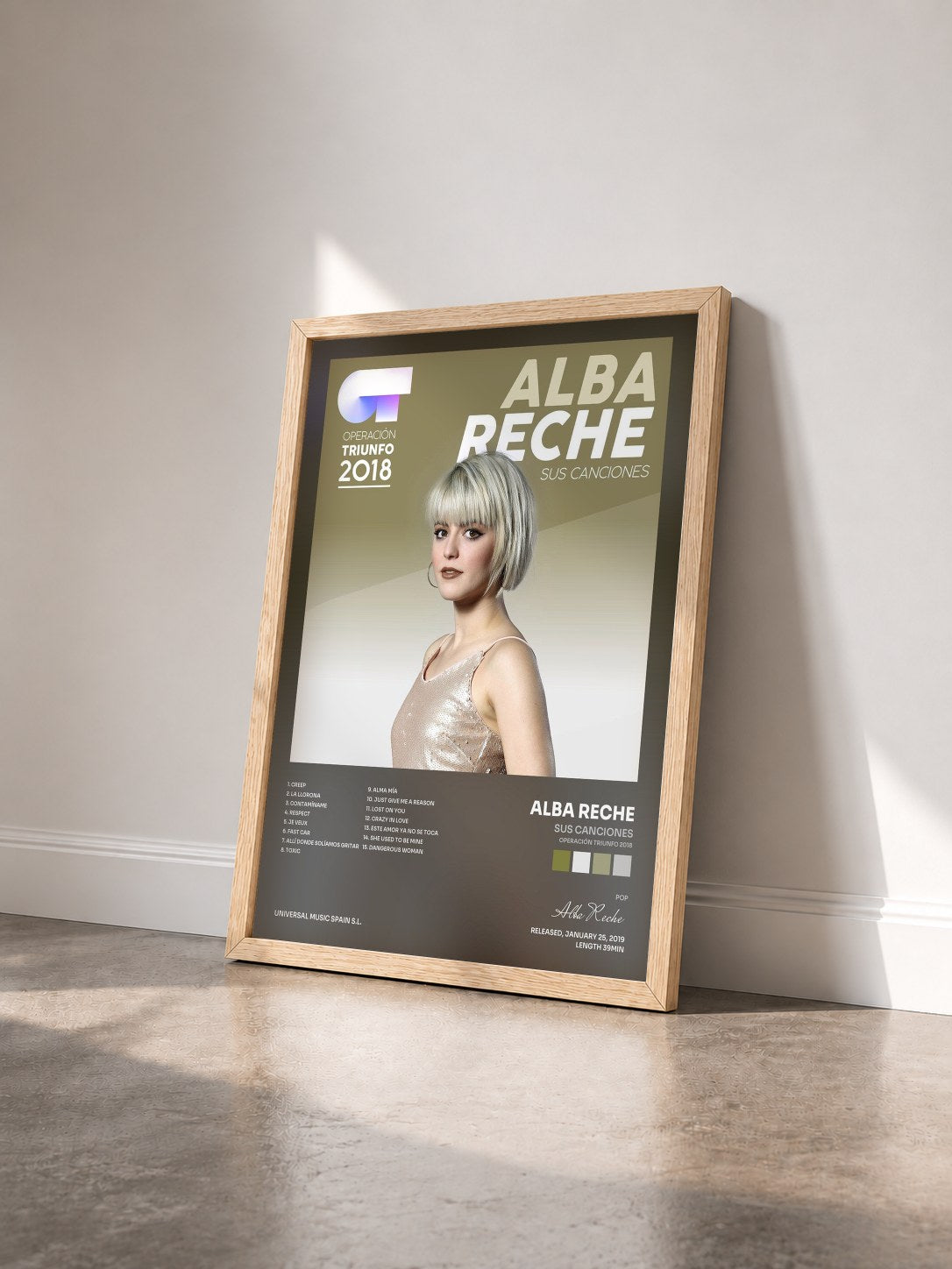 #bois Tableau de l'album Sus Canciones (Operación Triunfo 2018) de Alba Reche vu de trois quarts, cadre en bois brut