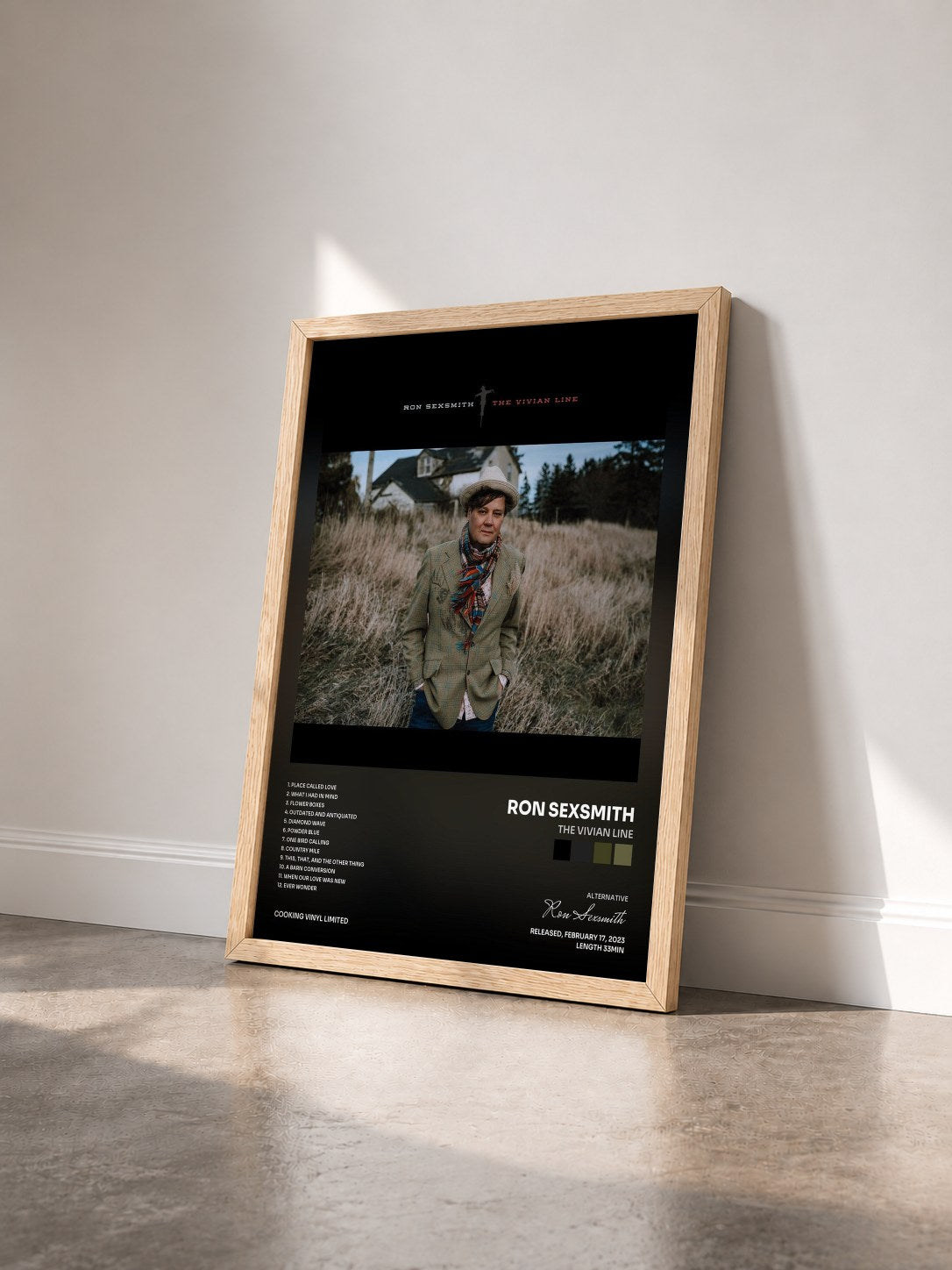 #bois Tableau de l'album The Vivian Line de Ron Sexsmith vu de trois quarts, cadre en bois brut