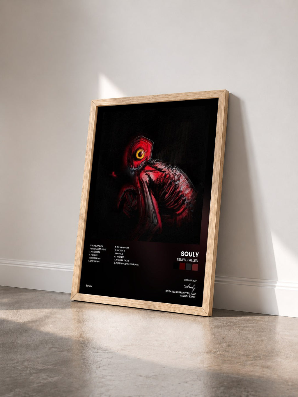 #bois Tableau de l'album Teufel Fallen de Souly vu de trois quarts, cadre en bois brut