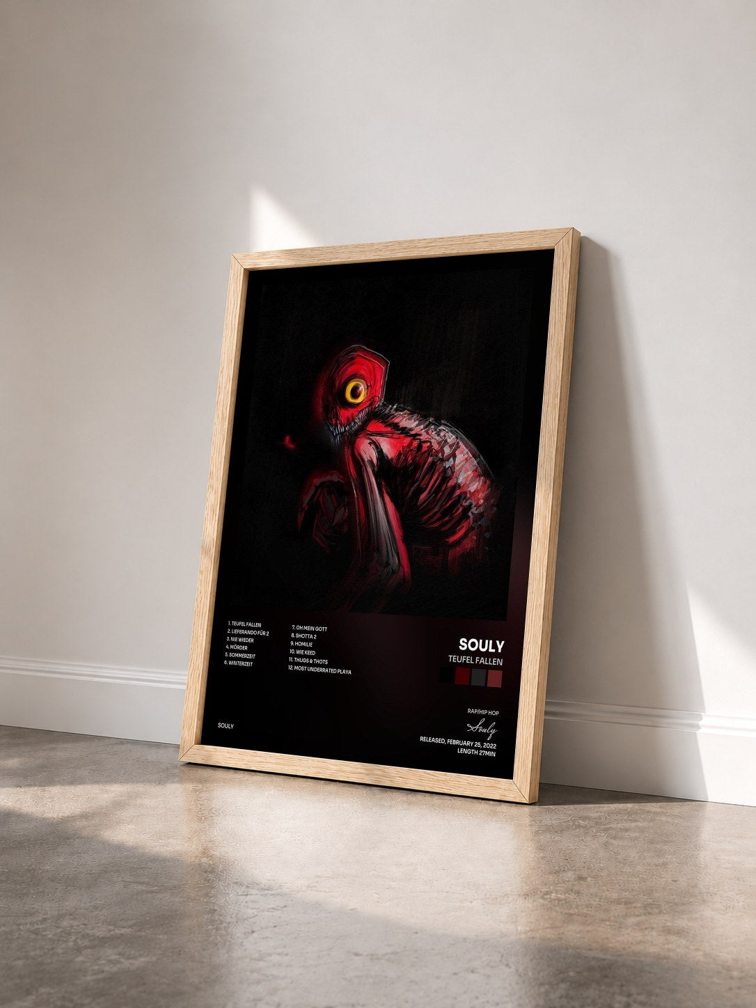 #bois Tableau de l'album Teufel Fallen de Souly vu de trois quarts, cadre en bois brut