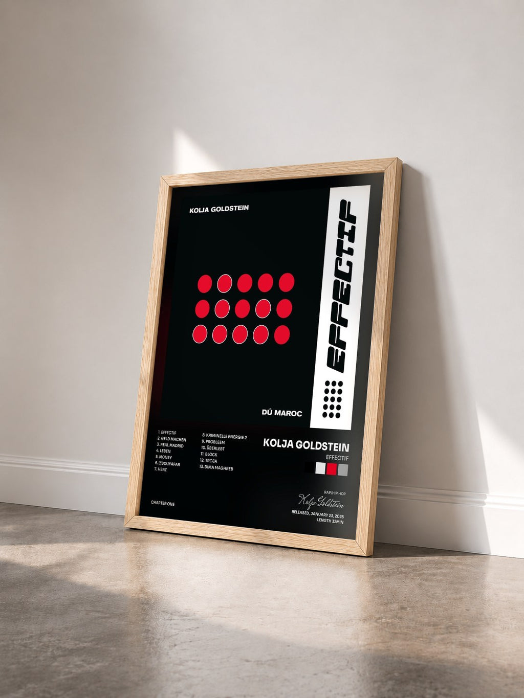 #bois Tableau de l'album EFFECTIF de Kolja Goldstein vu de trois quarts, cadre en bois brut