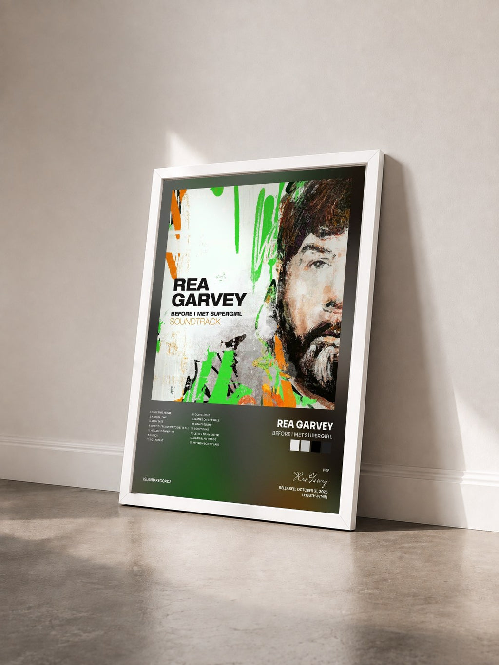 #blanc Tableau de l'album Before I Met Supergirl de Rea Garvey vu de trois quarts, cadre blanc