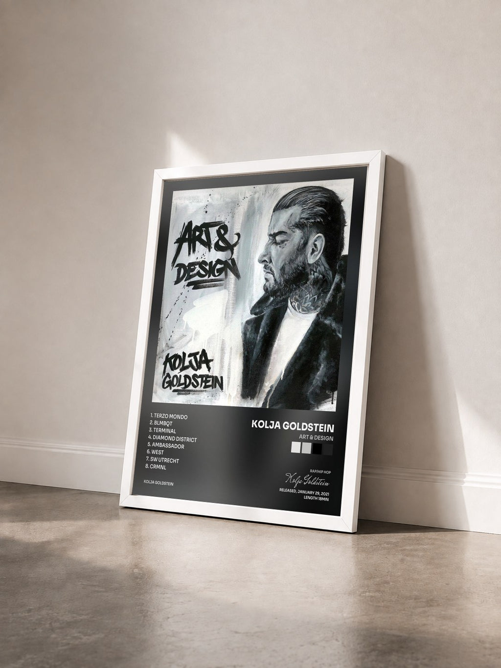 #blanc Tableau de l'album Art & Design de Kolja Goldstein vu de trois quarts, cadre blanc