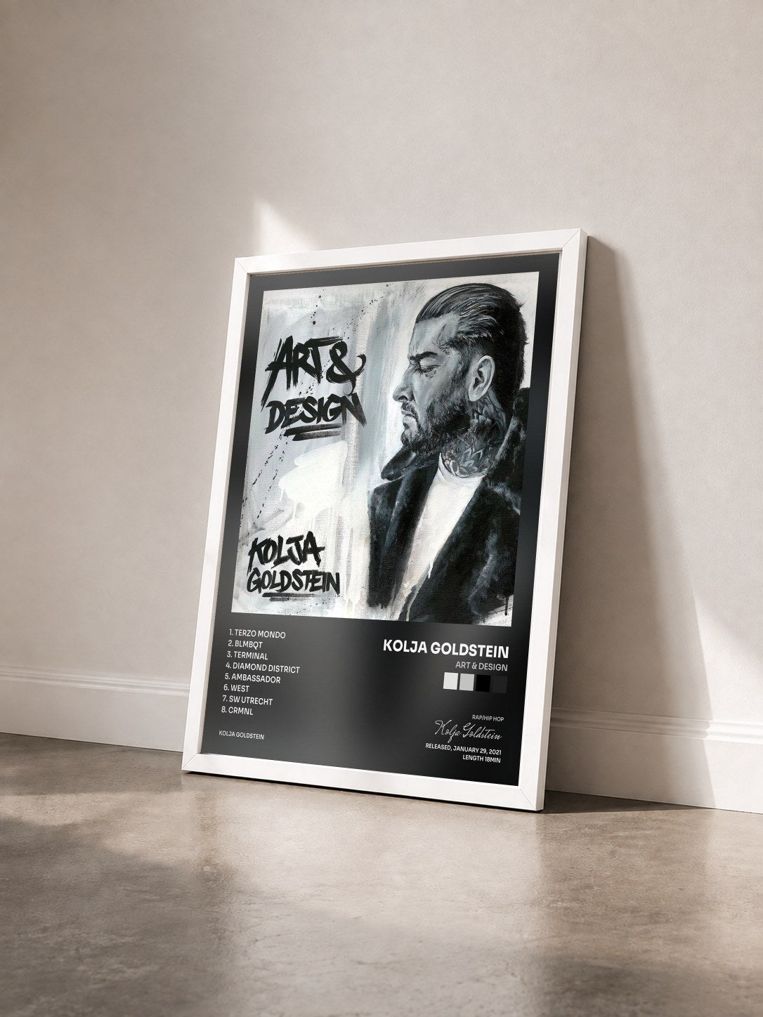 #blanc Tableau de l'album Art & Design de Kolja Goldstein vu de trois quarts, cadre blanc