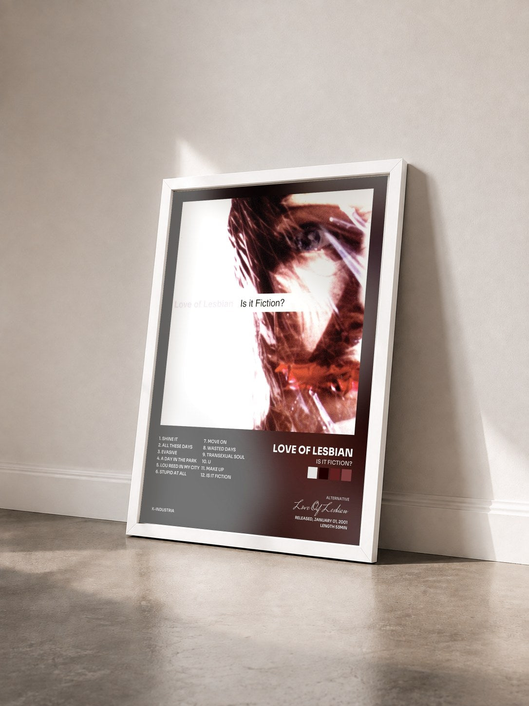 #blanc Tableau de l'album Is It Fiction? de Love Of Lesbian vu de trois quarts, cadre blanc