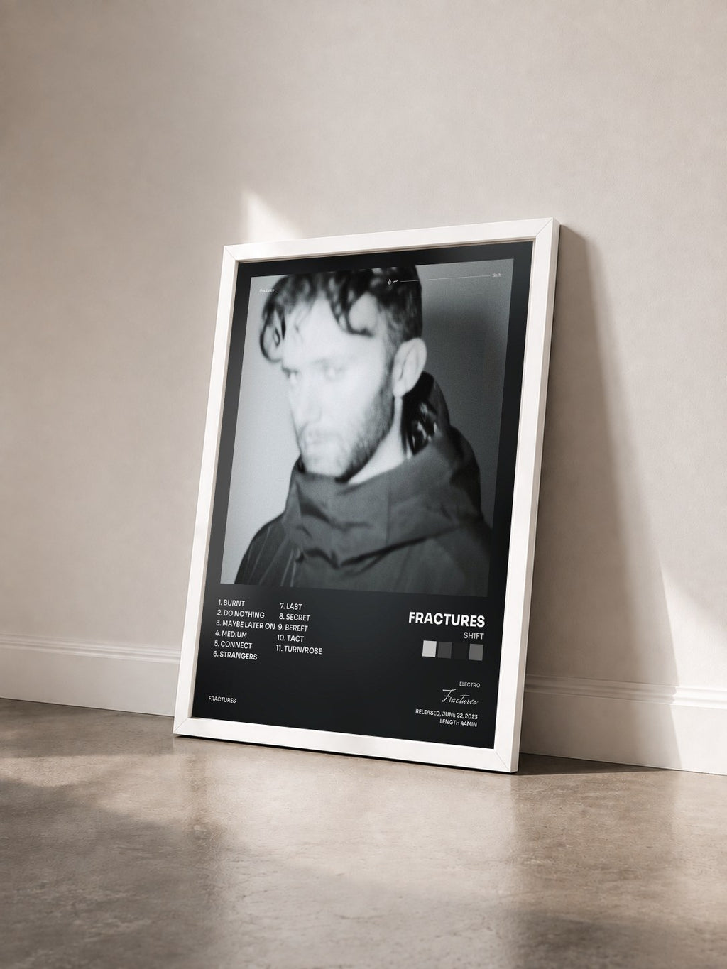 #blanc Tableau de l'album Shift de Fractures vu de trois quarts, cadre blanc