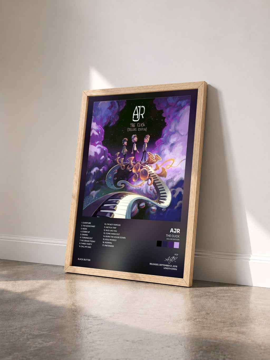 #bois Tableau de l'album The Click (Deluxe Edition) de AJR vu de trois quarts, cadre en bois brut
