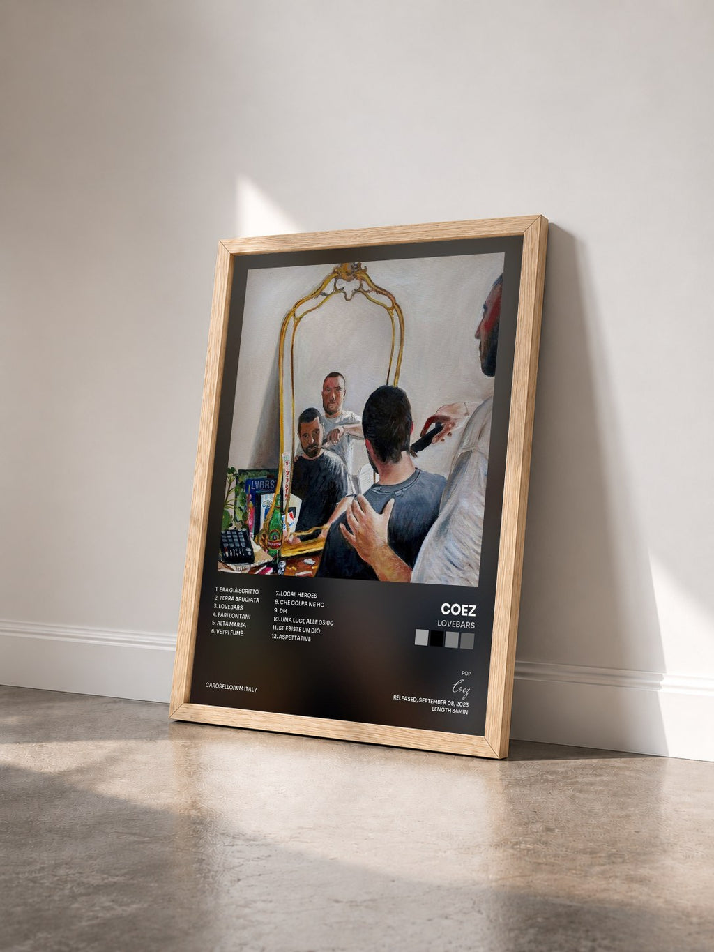 #bois Tableau de l'album Lovebars de Coez vu de trois quarts, cadre en bois brut