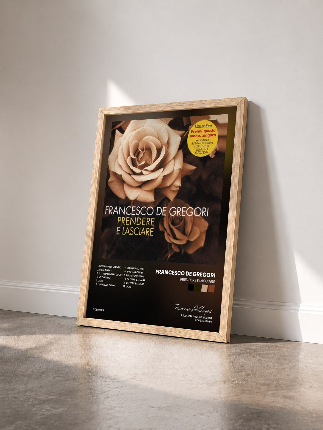 #bois Tableau de l'album Prendere e lasciare de Francesco De Gregori vu de trois quarts, cadre en bois brut