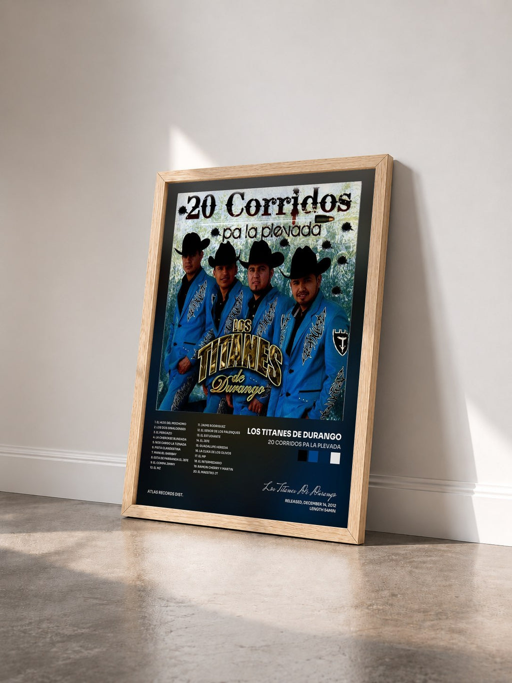 #bois Tableau de l'album 20 Corridos Pa La Plevada de Los Titanes De Durango vu de trois quarts, cadre en bois brut