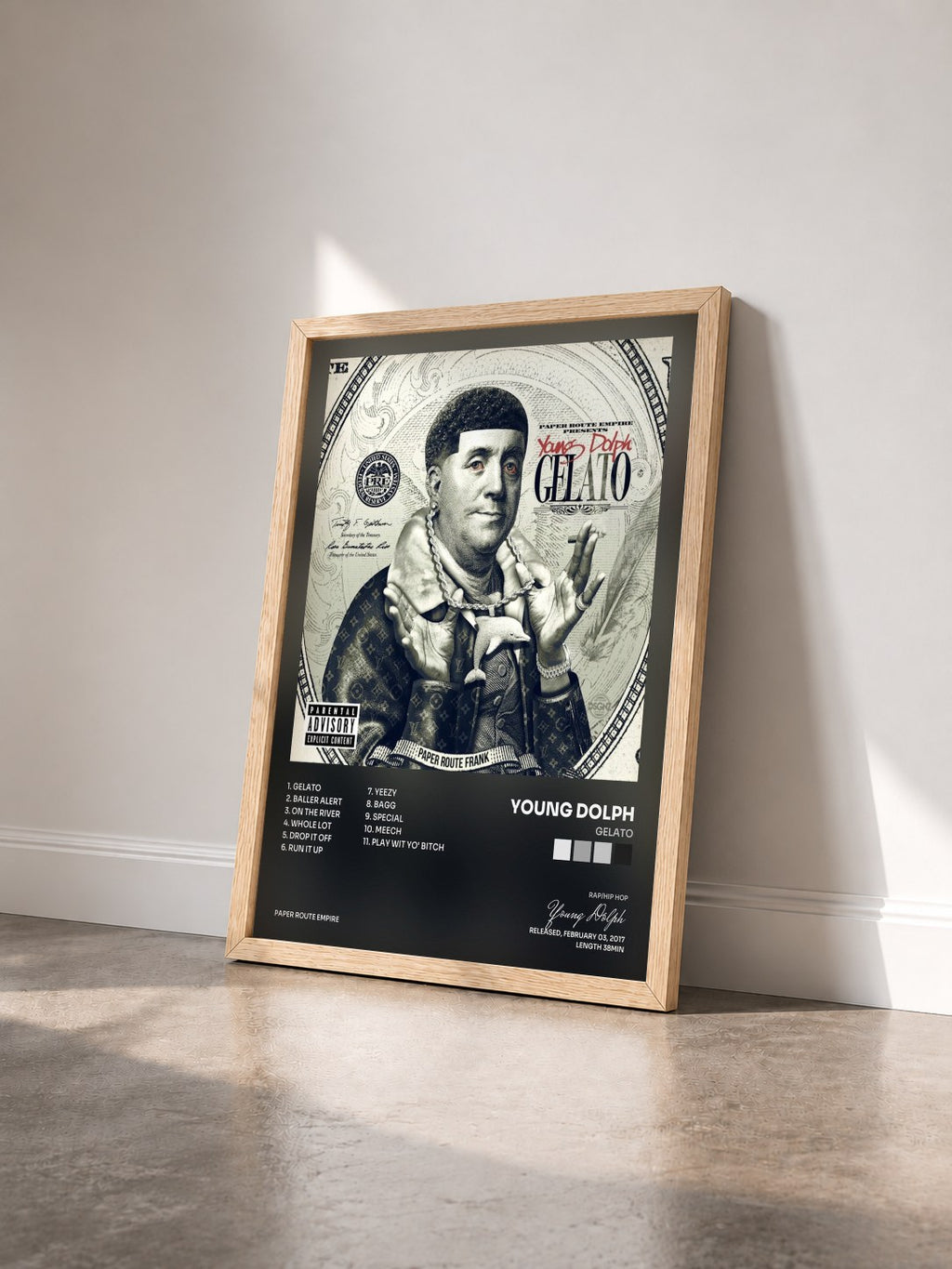 #bois Tableau de l'album Gelato de Young Dolph vu de trois quarts, cadre en bois brut