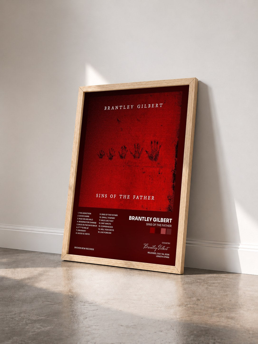 #bois Tableau de l'album SINS OF THE FATHER de Brantley Gilbert vu de trois quarts, cadre en bois brut