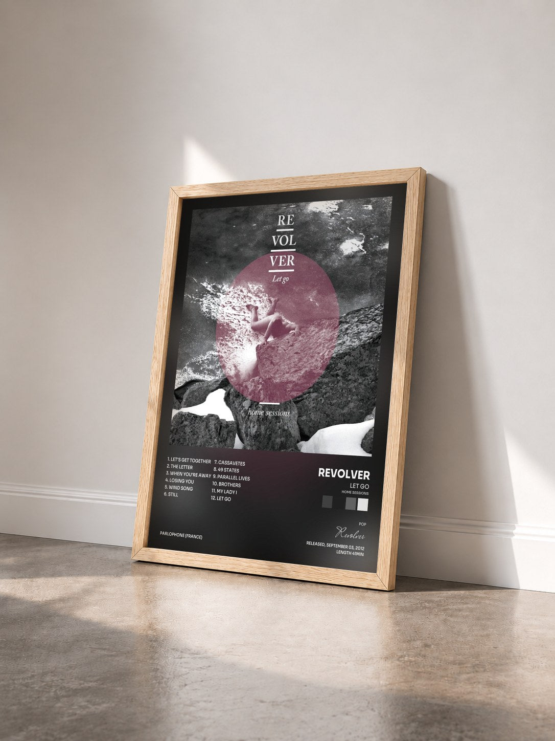 #bois Tableau de l'album Let Go (Home Sessions) de Revolver vu de trois quarts, cadre en bois brut