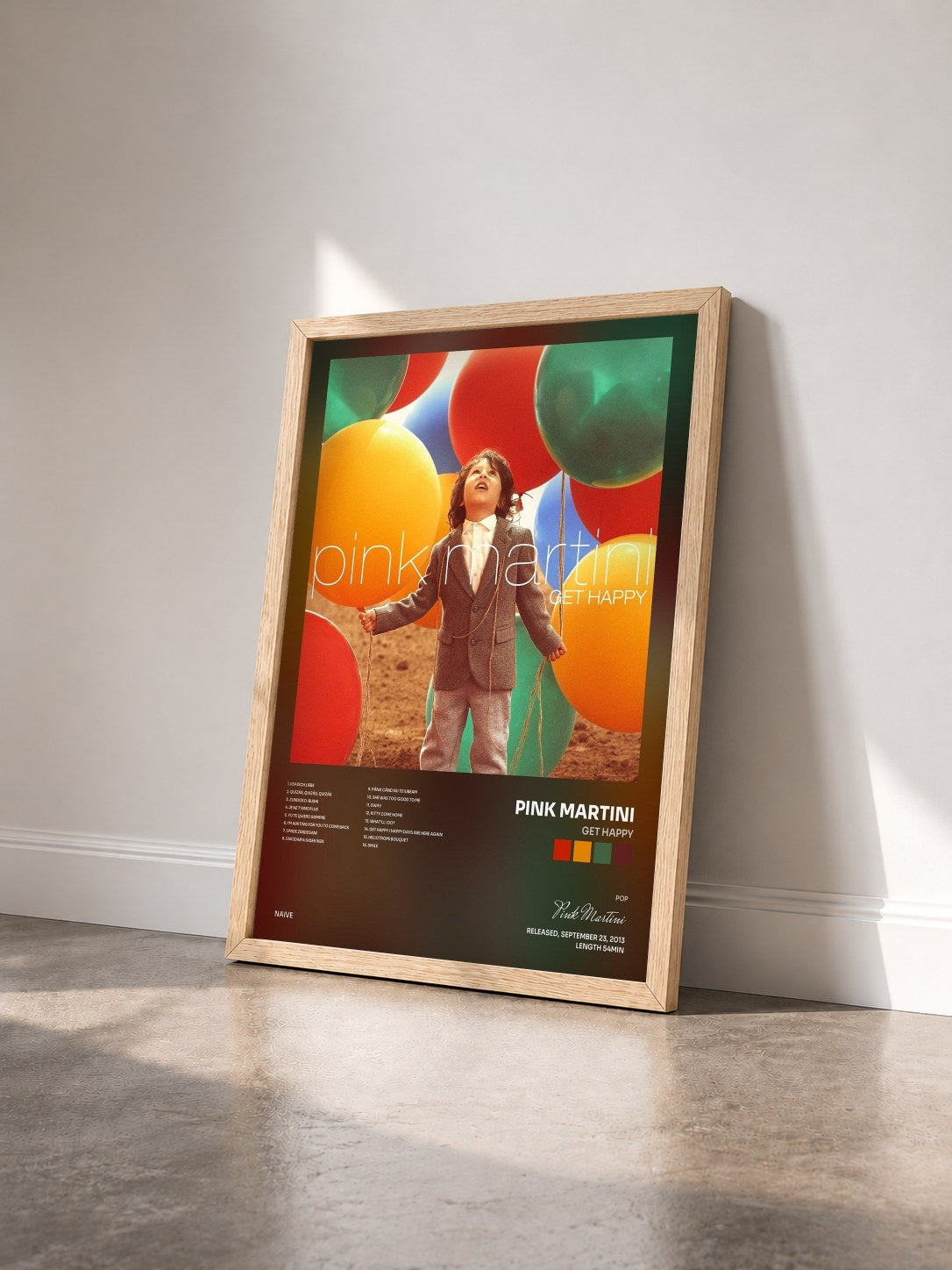 #bois Tableau de l'album Get Happy de Pink Martini vu de trois quarts, cadre en bois brut