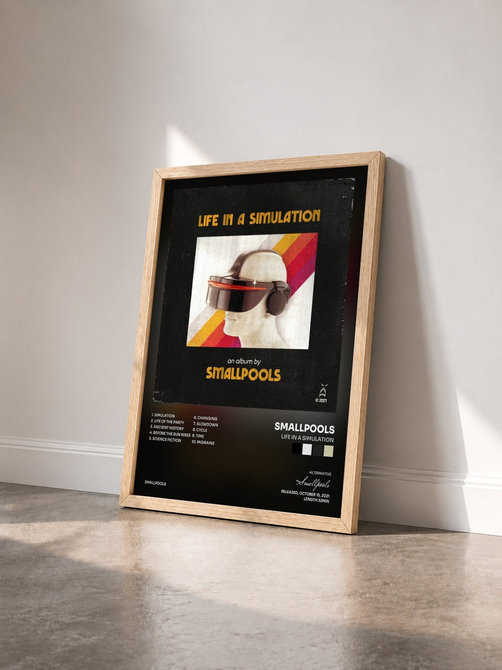 #bois Tableau de l'album LIFE IN A SIMULATION de Smallpools vu de trois quarts, cadre en bois brut