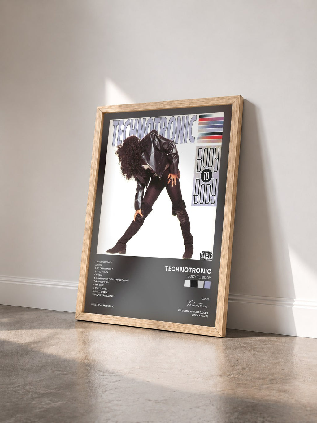 #bois Tableau de l'album Body To Body de Technotronic vu de trois quarts, cadre en bois brut