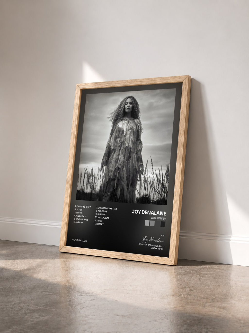 #bois Tableau de l'album WILLPOWER de Joy Denalane vu de trois quarts, cadre en bois brut