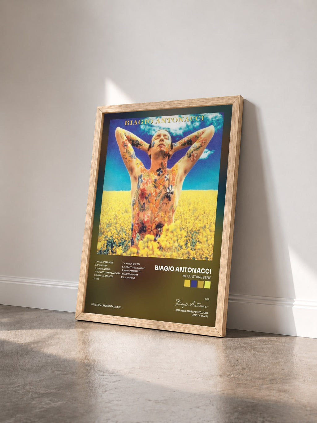 #bois Tableau de l'album Mi Fai Stare Bene de Biagio Antonacci vu de trois quarts, cadre en bois brut