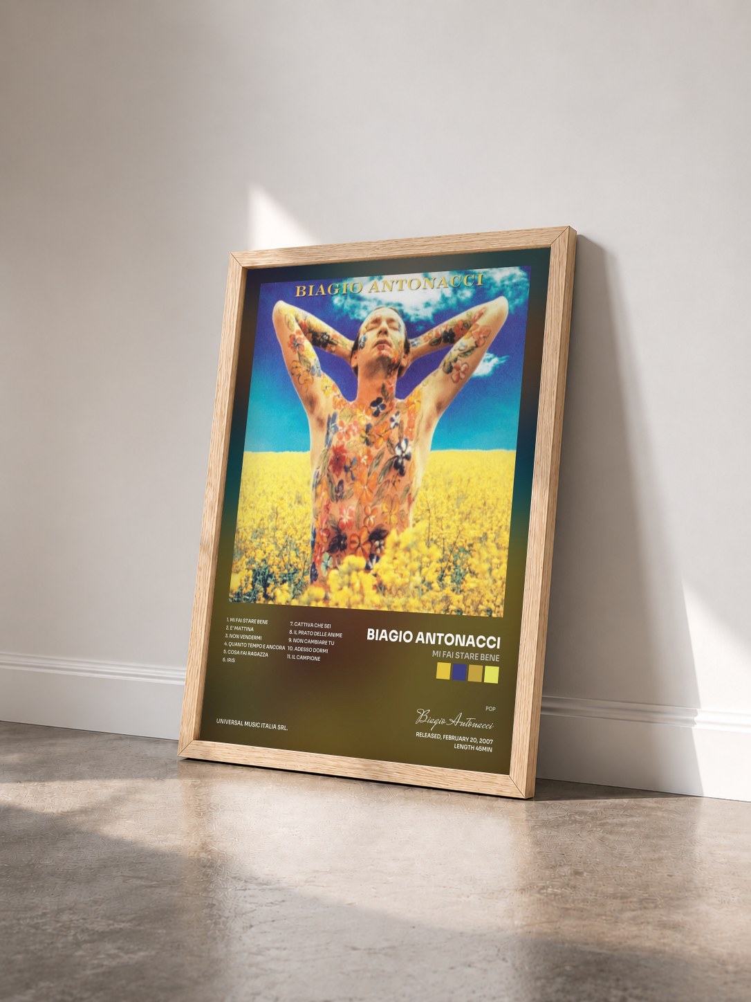 #bois Tableau de l'album Mi Fai Stare Bene de Biagio Antonacci vu de trois quarts, cadre en bois brut