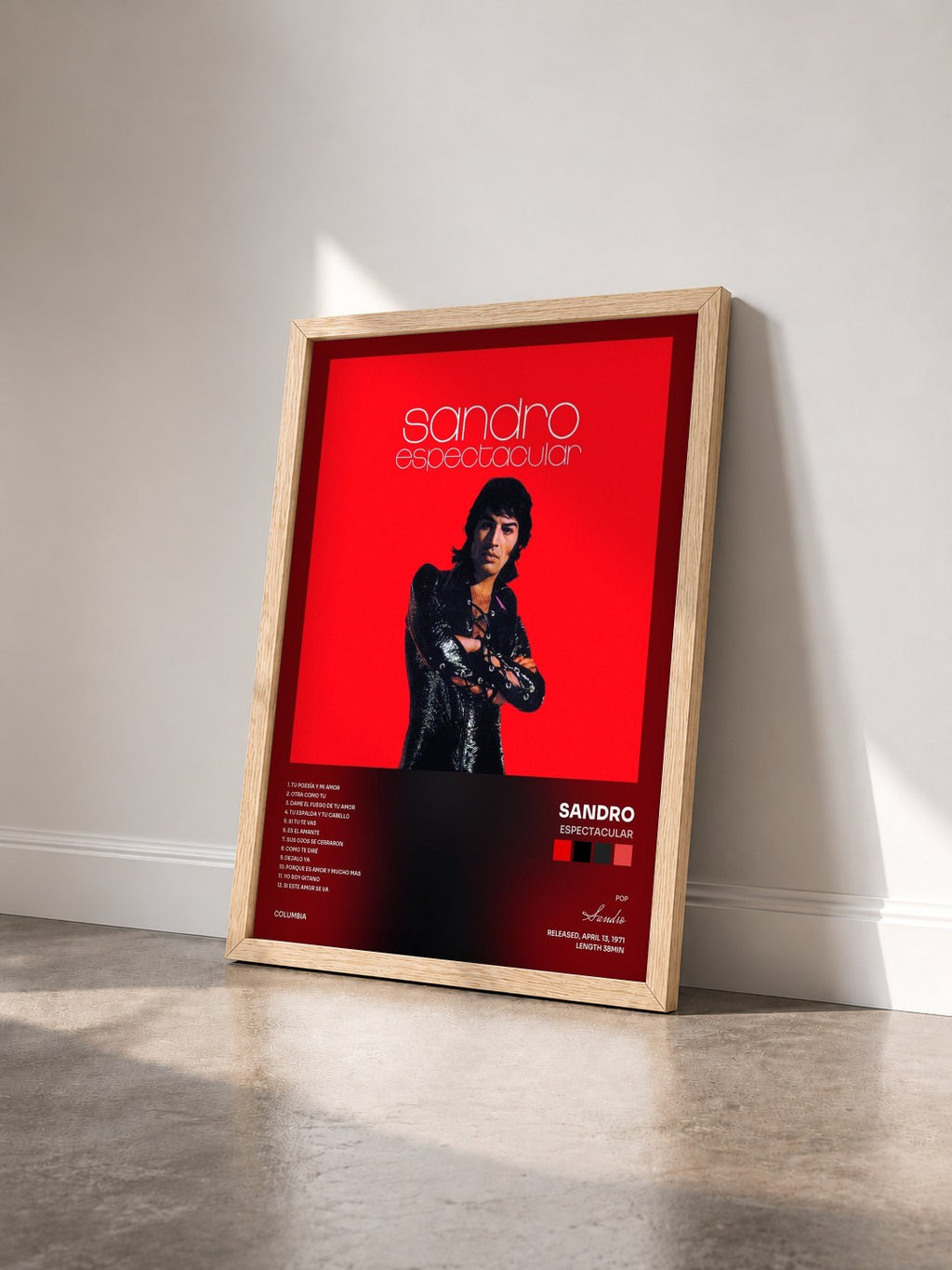 #bois Tableau de l'album Espectacular de Sandro vu de trois quarts, cadre en bois brut