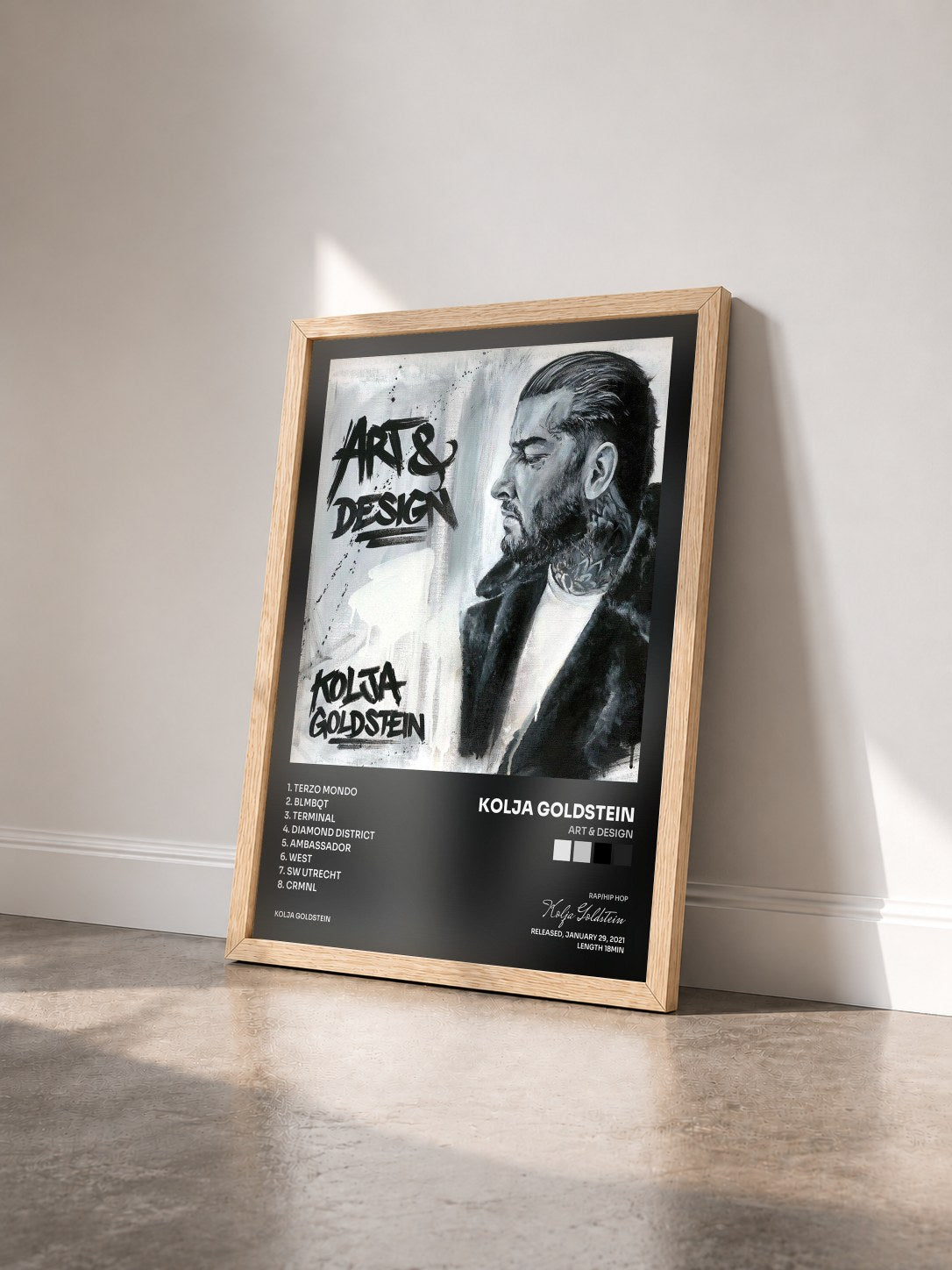 #bois Tableau de l'album Art & Design de Kolja Goldstein vu de trois quarts, cadre en bois brut