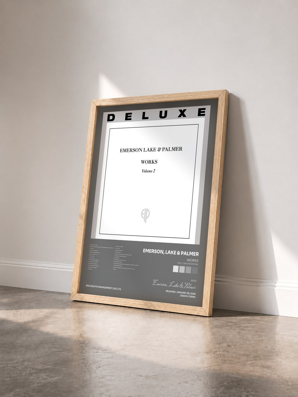 #bois Tableau de l'album Works (Vol. 2 / Deluxe Edition) de Emerson, Lake & Palmer vu de trois quarts, cadre en bois brut