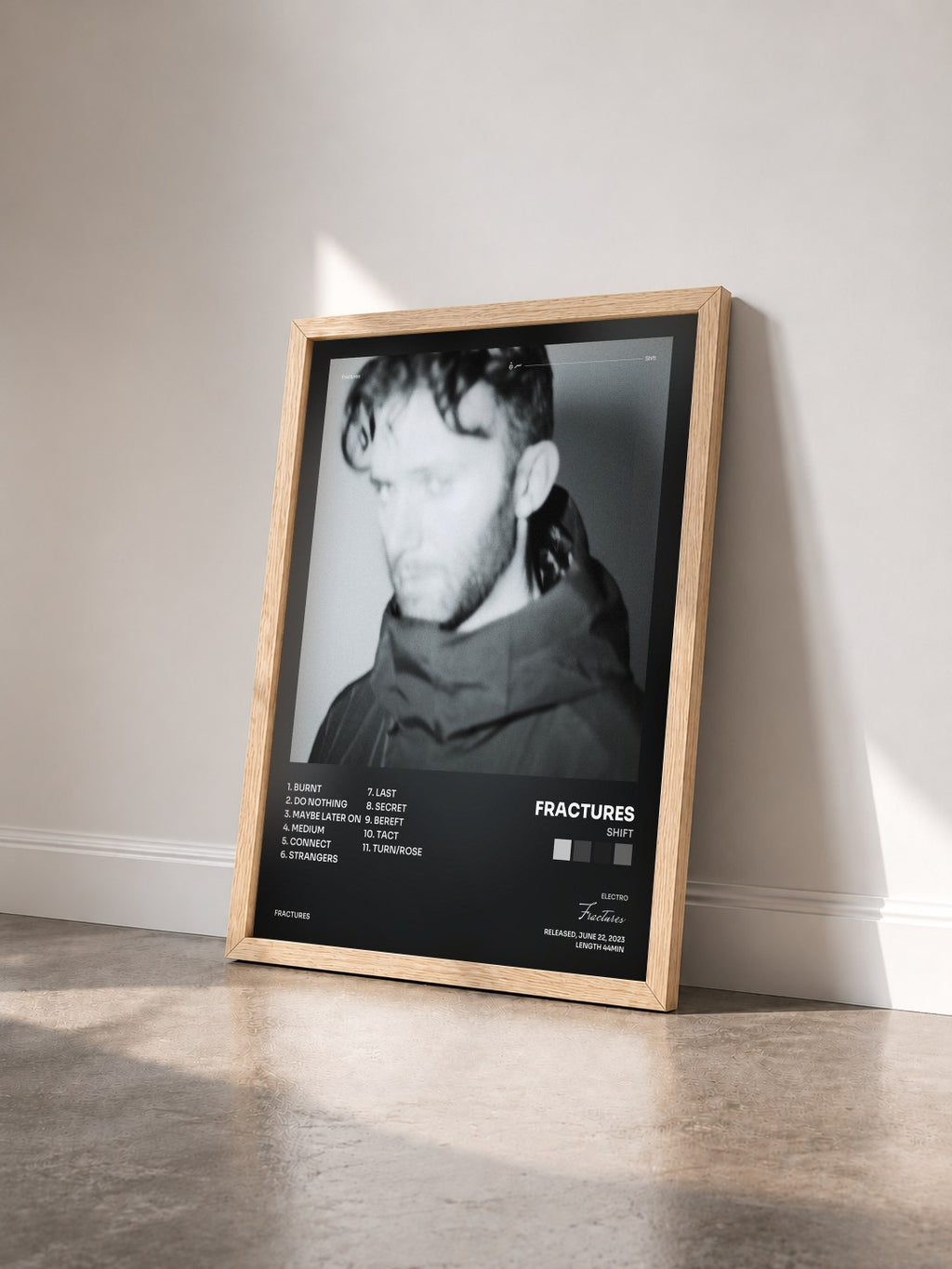 #bois Tableau de l'album Shift de Fractures vu de trois quarts, cadre en bois brut