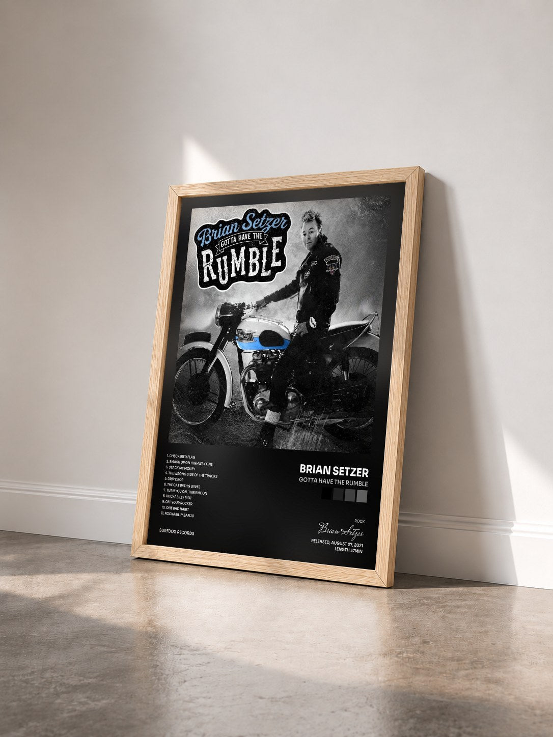 #bois Tableau de l'album Gotta Have The Rumble de Brian Setzer vu de trois quarts, cadre en bois brut