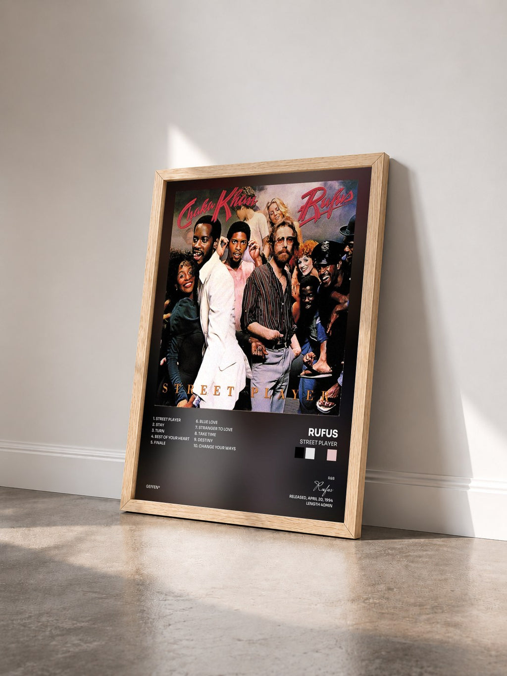#bois Tableau de l'album Street Player de Rufus vu de trois quarts, cadre en bois brut