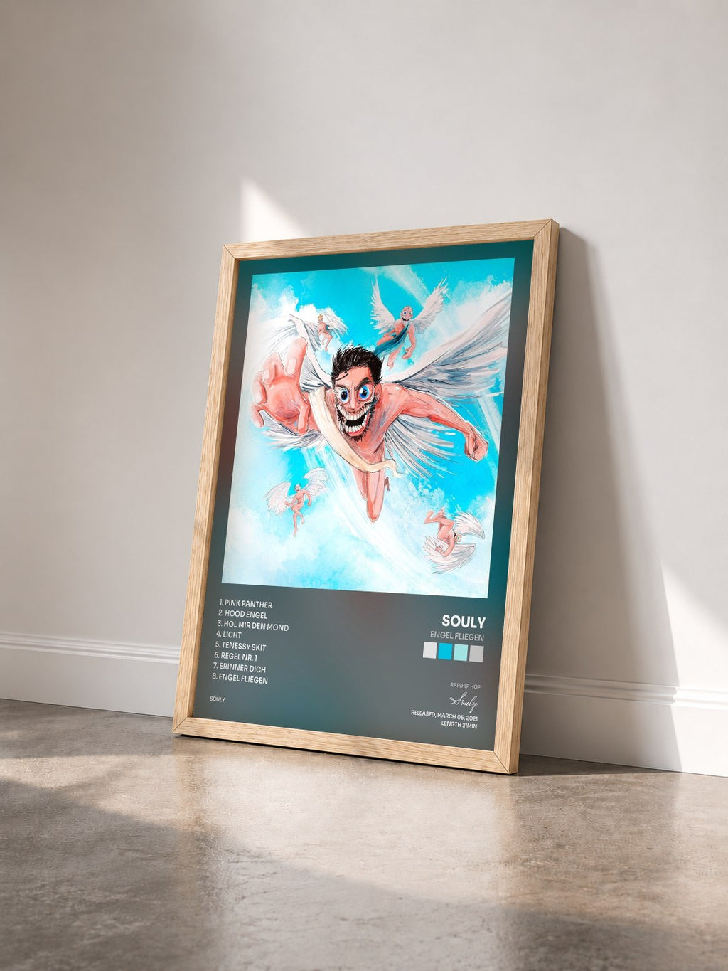 #bois Tableau de l'album Engel Fliegen de Souly vu de trois quarts, cadre en bois brut