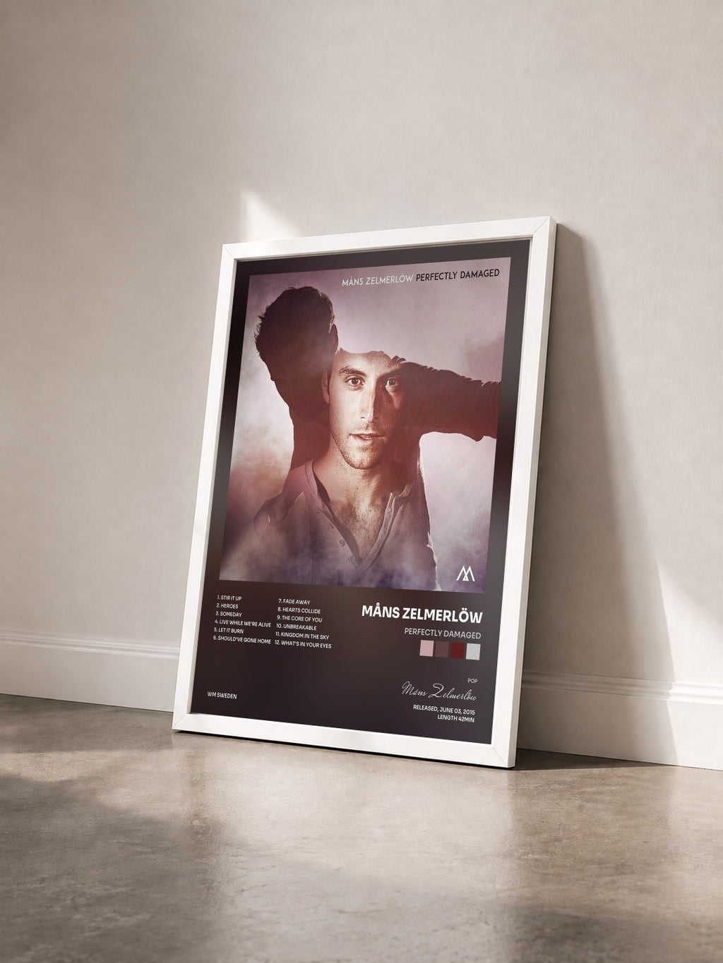 #blanc Tableau de l'album Perfectly Damaged de Måns Zelmerlöw vu de trois quarts, cadre blanc