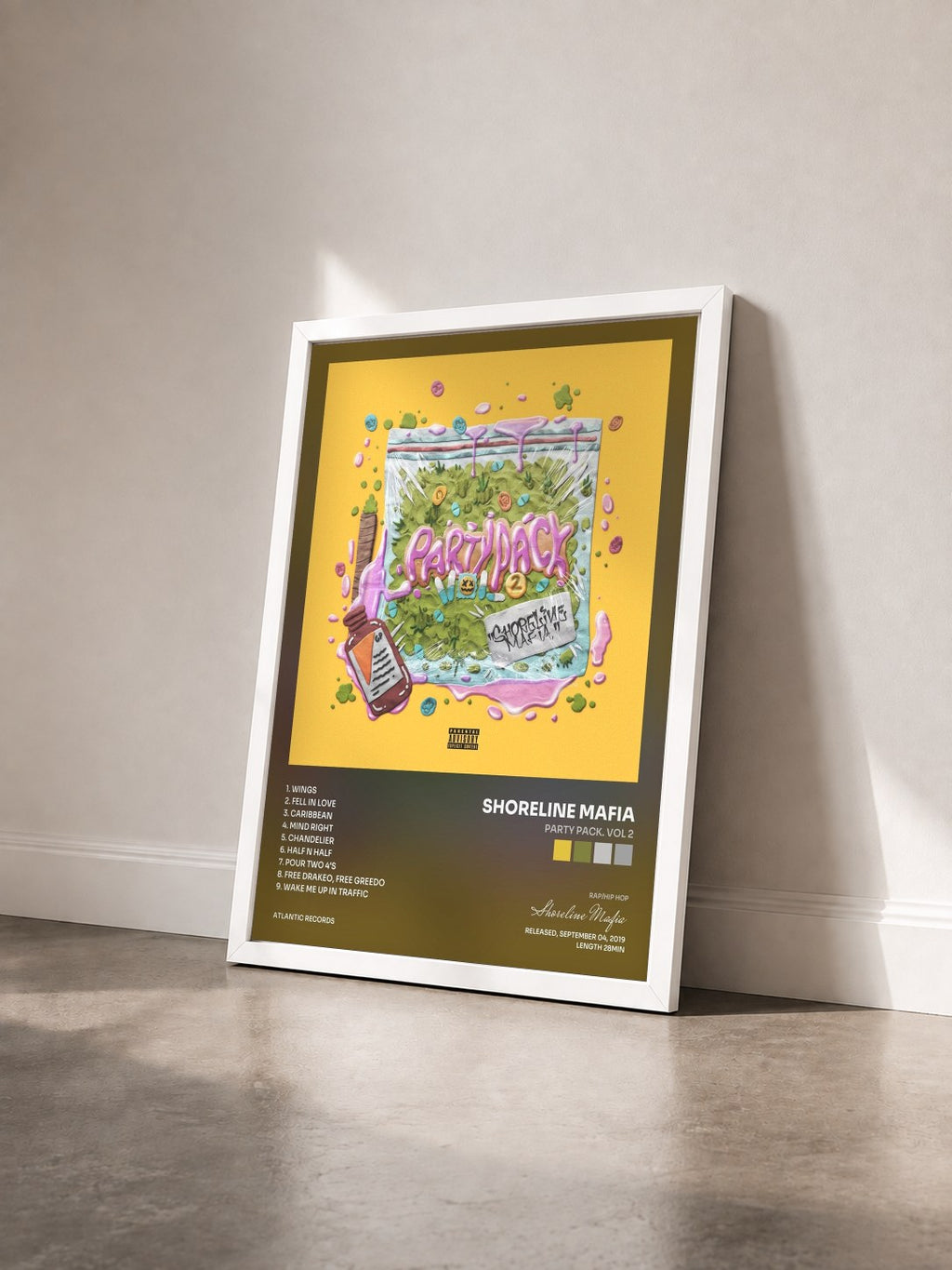 #blanc Tableau de l'album Party Pack. Vol 2 de Shoreline Mafia vu de trois quarts, cadre blanc