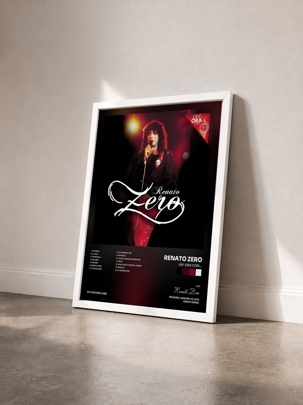 #blanc Tableau de l'album Un' ora con... de Renato Zero vu de trois quarts, cadre blanc