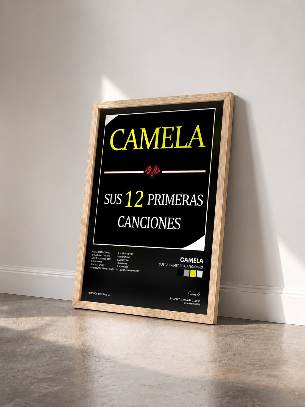 #bois Tableau de l'album Sus 12 Primeras Canciones de Camela vu de trois quarts, cadre en bois brut
