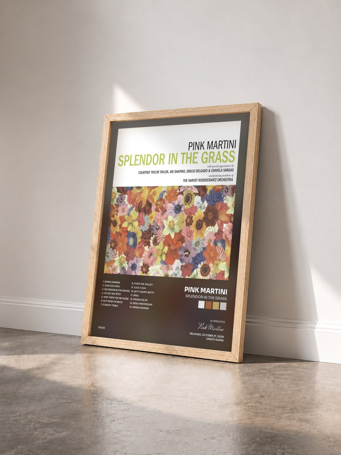 #bois Tableau de l'album Splendor in the Grass de Pink Martini vu de trois quarts, cadre en bois brut