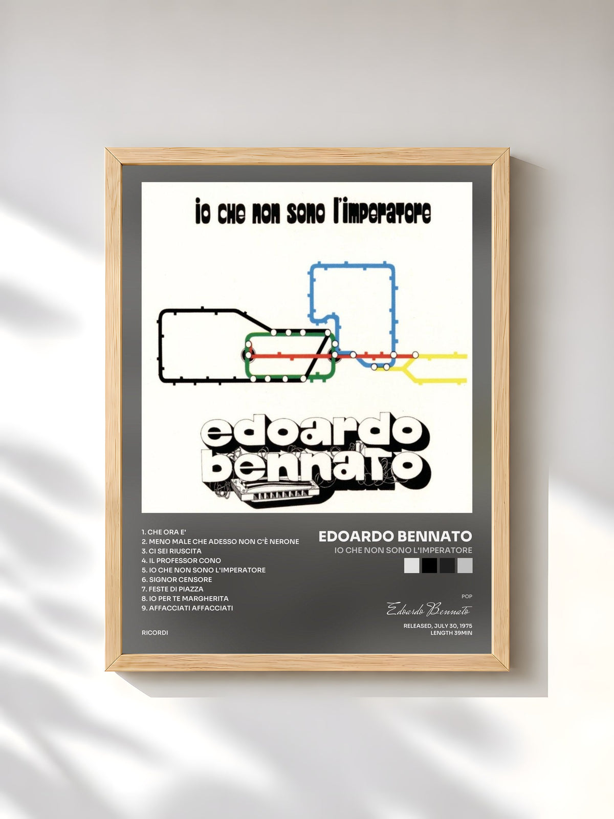 #bois Tableau de l'album Io Che Non Sono L'Imperatore de Edoardo Bennato, cadre en bois brut, imprimé et encadré en France