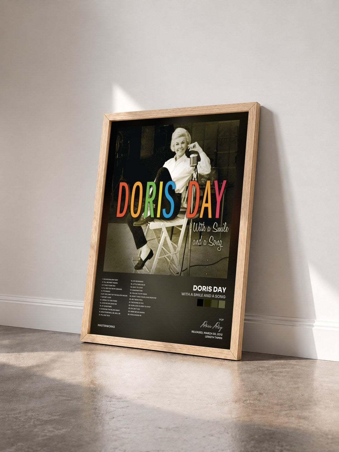 #bois Tableau de l'album With A Smile And A Song de Doris Day vu de trois quarts, cadre en bois brut