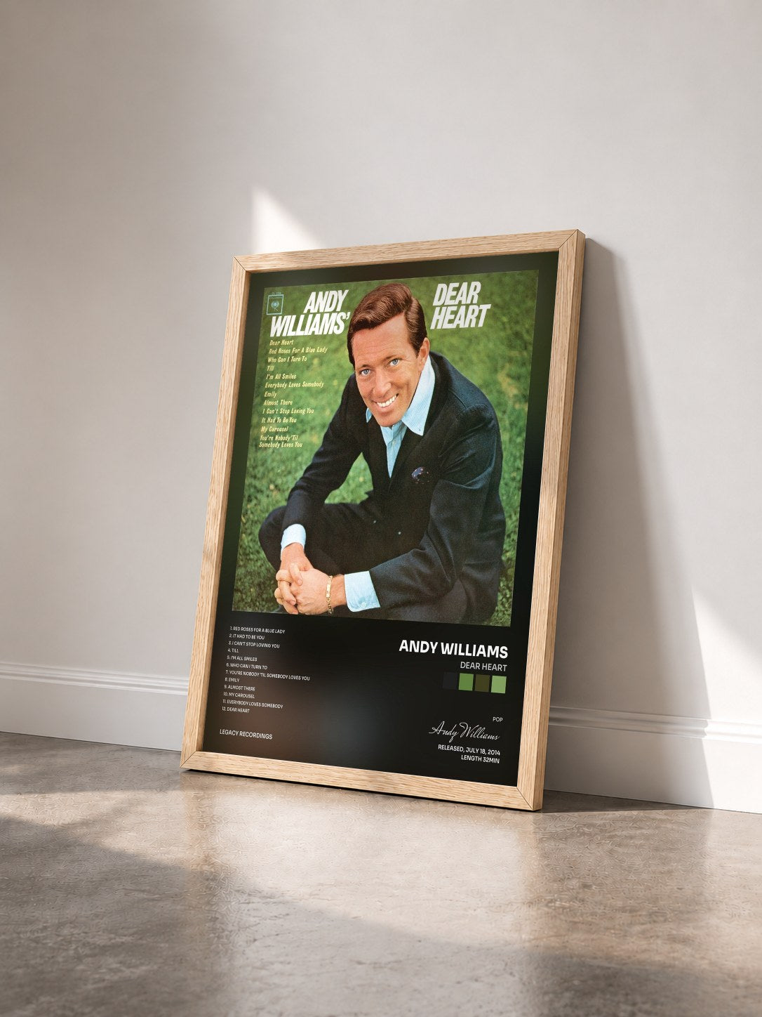 #bois Tableau de l'album Dear Heart de Andy Williams vu de trois quarts, cadre en bois brut