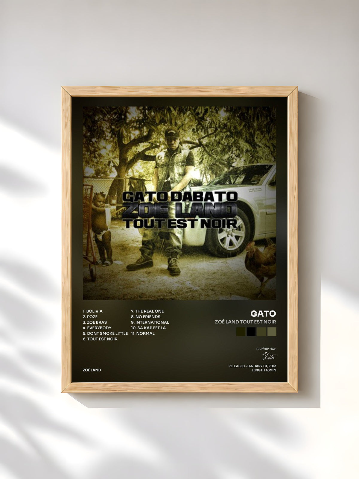 #bois Tableau de l'album Zoé Land Tout Est Noir de Gato, cadre en bois brut, imprimé et encadré en France