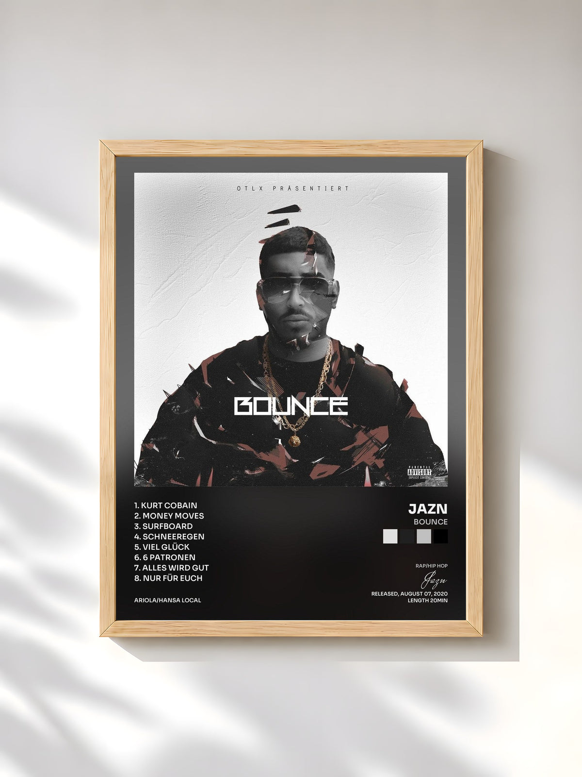 #bois Tableau de l'album Bounce de Jazn, cadre en bois brut, imprimé et encadré en France